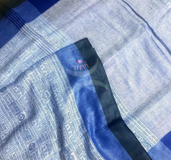 Blue script printed linen saree