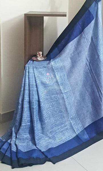 Blue script printed linen saree
