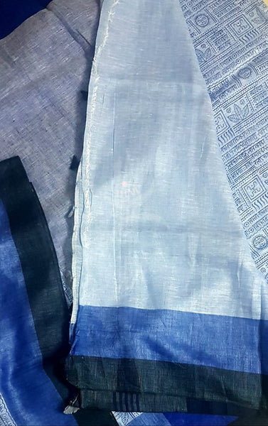 Blue script printed linen saree