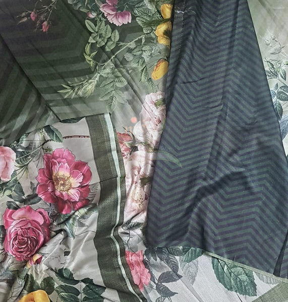 Green floral digital printed saree