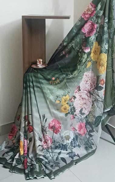 Green floral digital printed saree