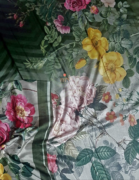 Green floral digital printed saree