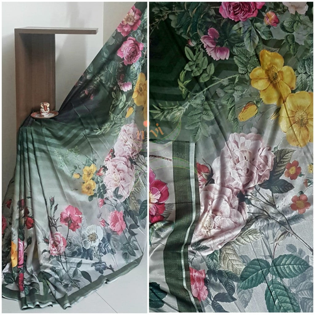 Green floral digital printed saree