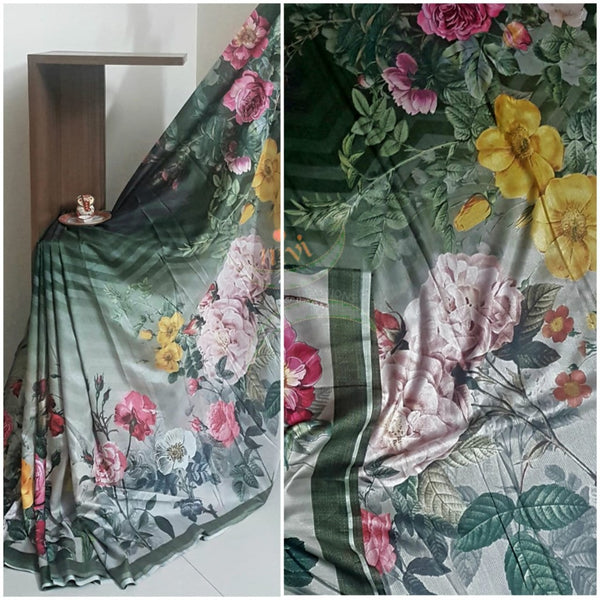 Green floral digital printed saree