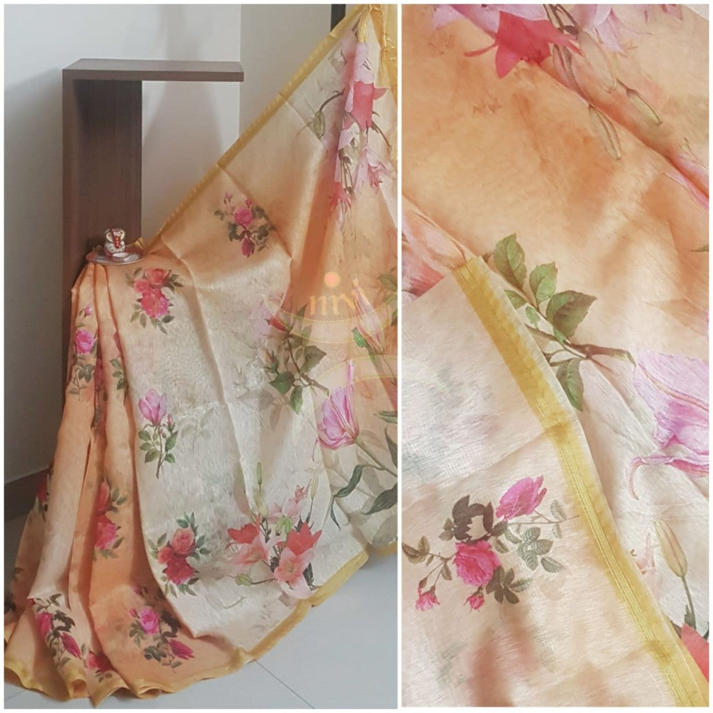 Orange floral linen blend digital printed saree