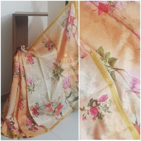 Orange floral linen blend digital printed saree