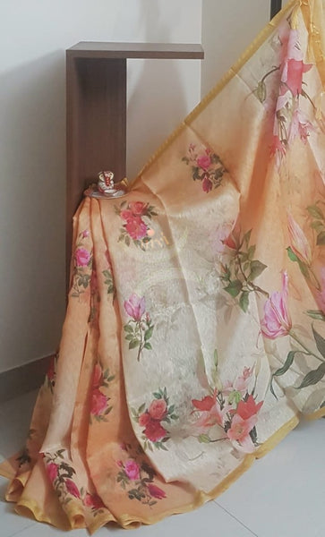 Orange floral linen blend digital printed saree