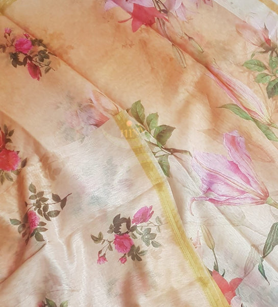 Orange floral linen blend digital printed saree