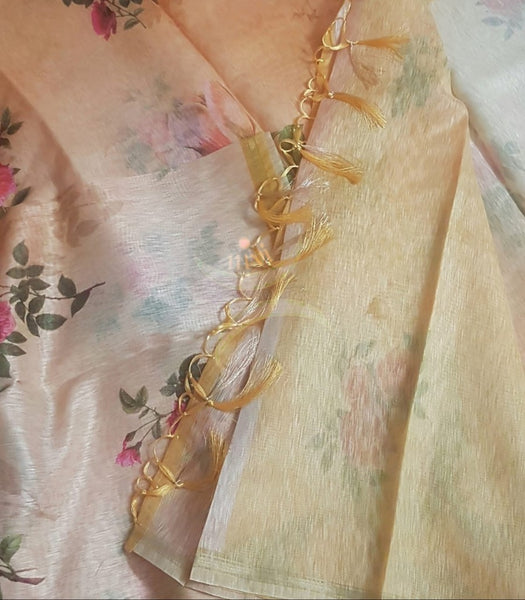 Orange floral linen blend digital printed saree