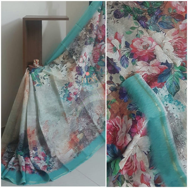 Off white and see green floral linen blend digital printed saree