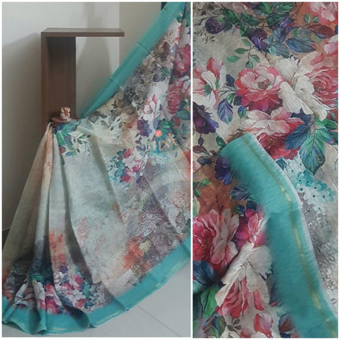 Off white and see green floral linen blend digital printed saree