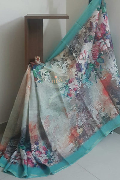 Off white and see green floral linen blend digital printed saree
