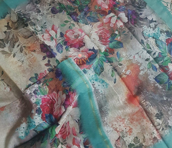 Off white and see green floral linen blend digital printed saree