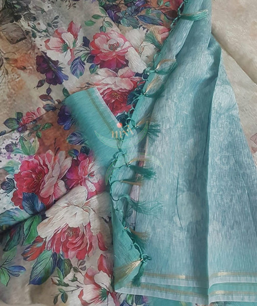 Off white and see green floral linen blend digital printed saree