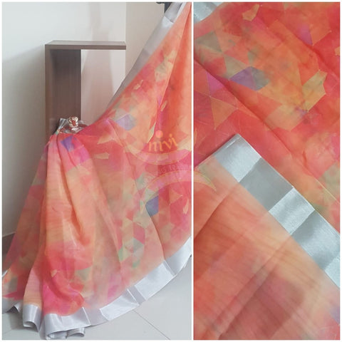Orange organza digital printed saree