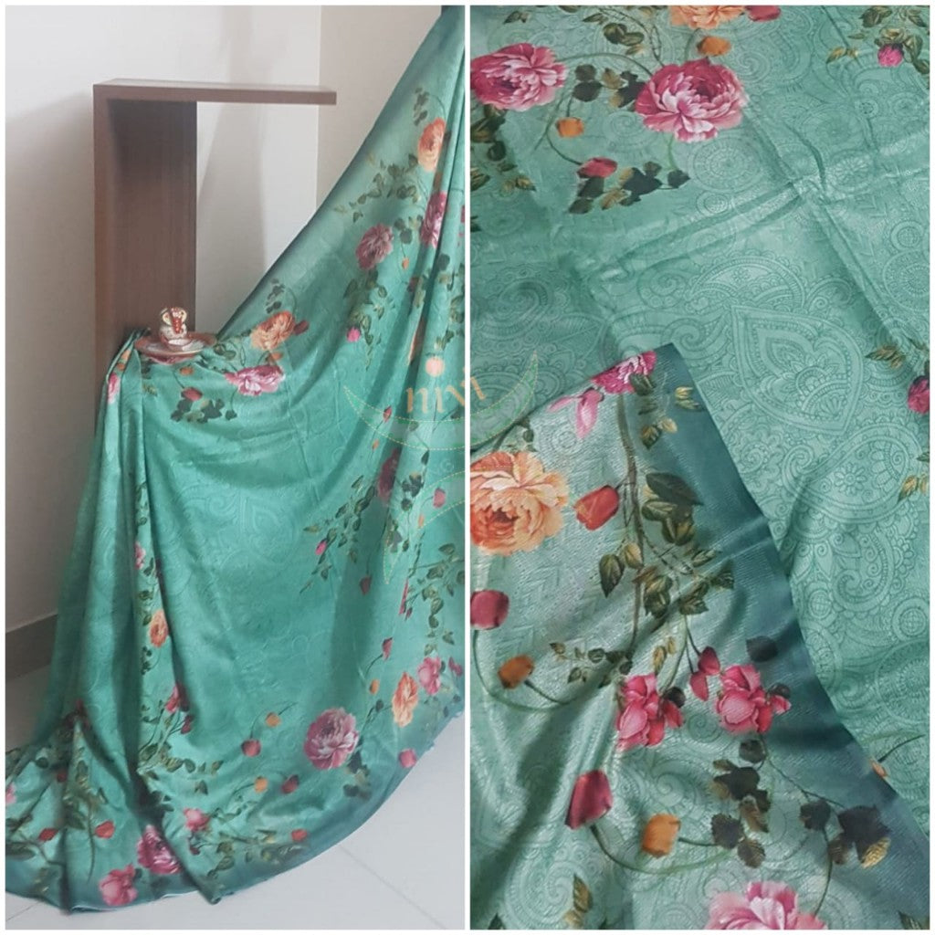Sea green floral digital printed saree
