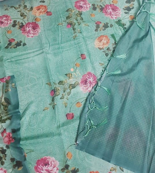 Sea green floral digital printed saree