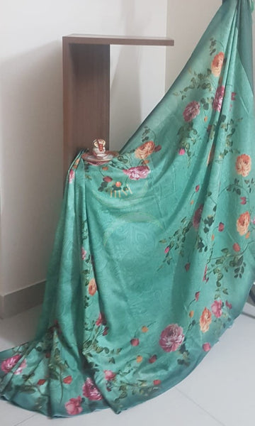 Sea green floral digital printed saree