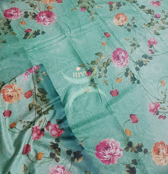 Sea green floral digital printed saree