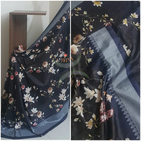 Black floral digital printed saree