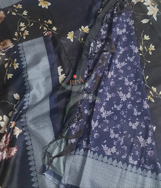 Black floral digital printed saree