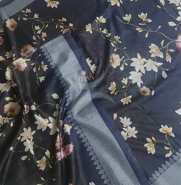 Black floral digital printed saree