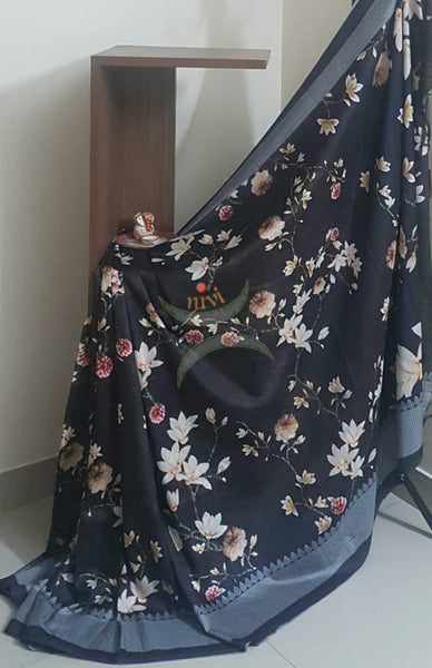 Black floral digital printed saree