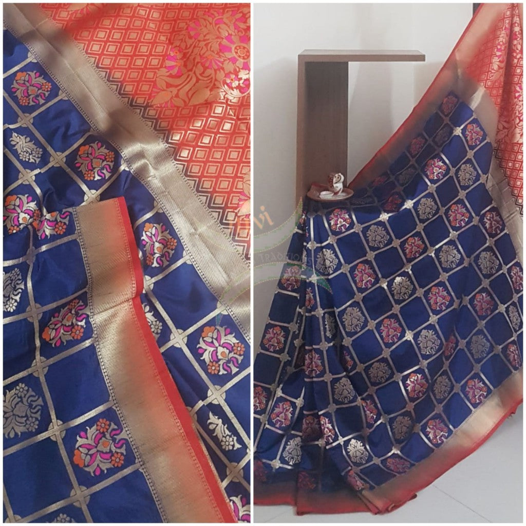 Royal blue with red art silk chequered benaras brocade