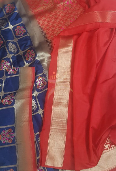 Royal blue with red art silk chequered benaras brocade