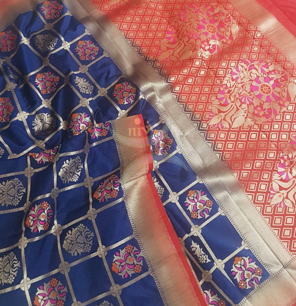 Royal blue with red art silk chequered benaras brocade