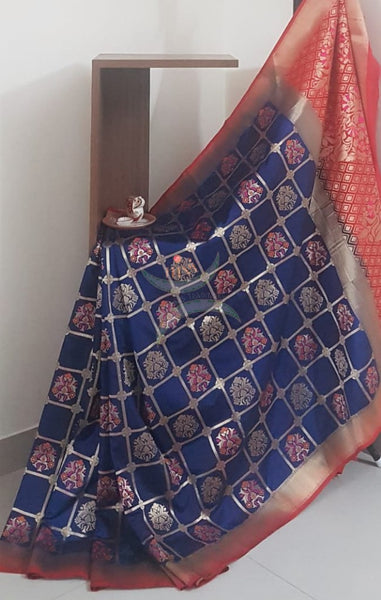 Royal blue with red art silk chequered benaras brocade