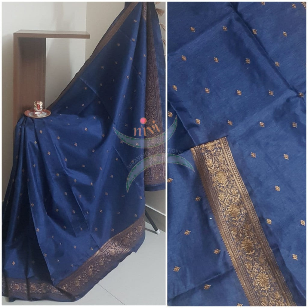 Navy blue art silk with antique bronze embroidery