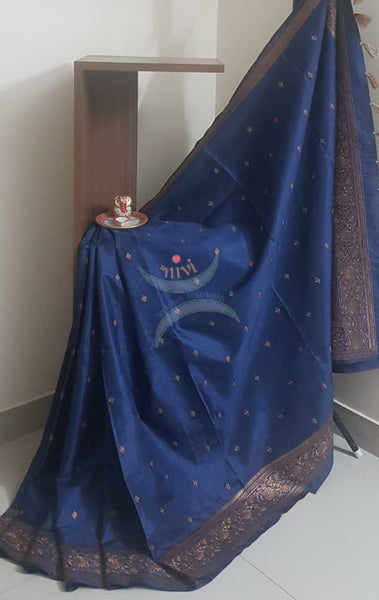 Navy blue art silk with antique bronze embroidery
