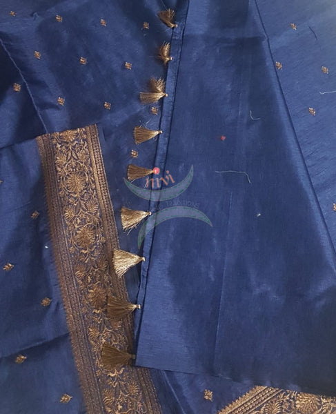 Navy blue art silk with antique bronze embroidery