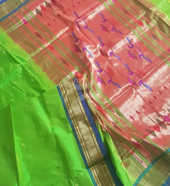 Parrot green handloom pure silk paithani