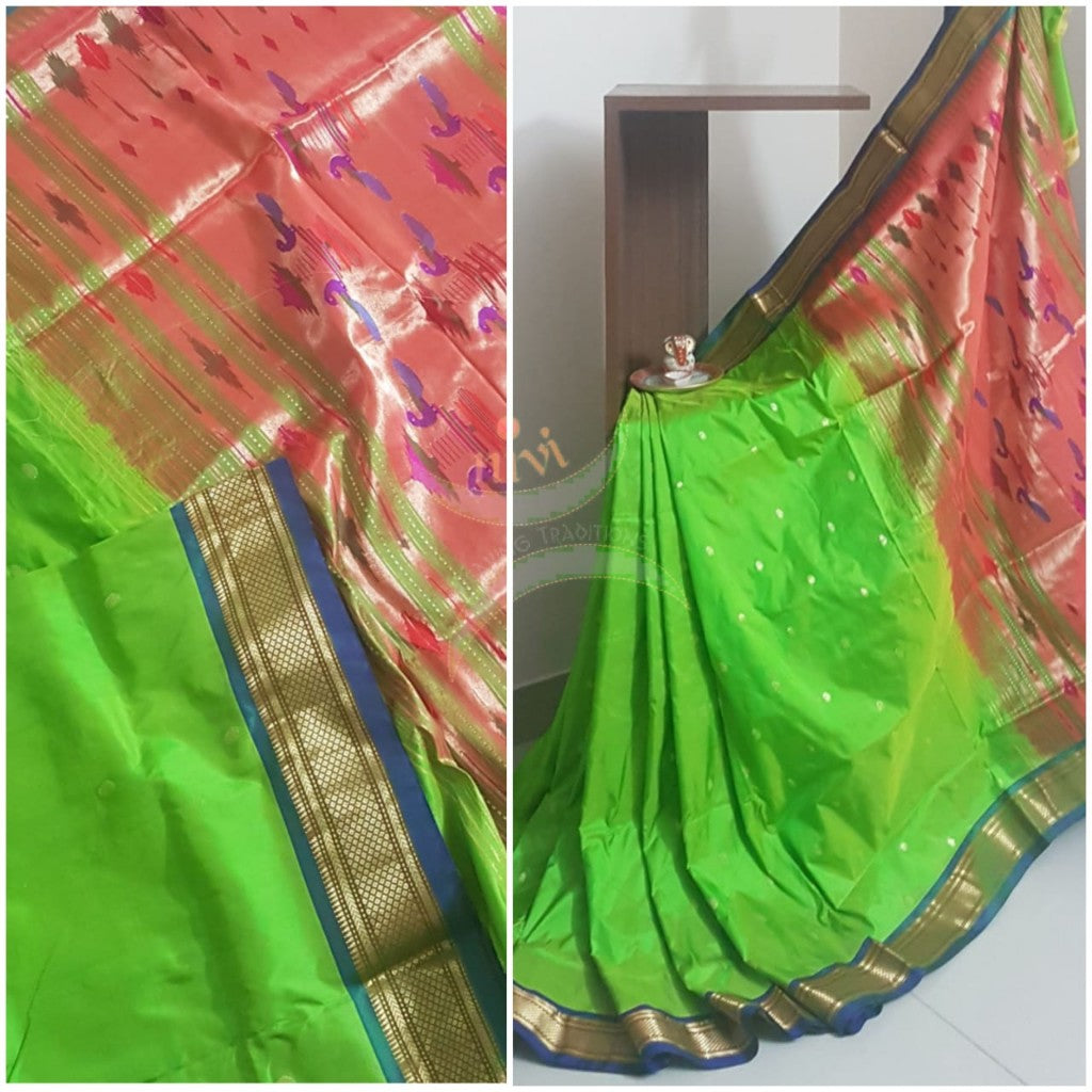 Parrot green handloom pure silk paithani