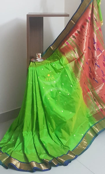 Parrot green handloom pure silk paithani