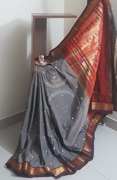 Grey handloom pure silk paithani