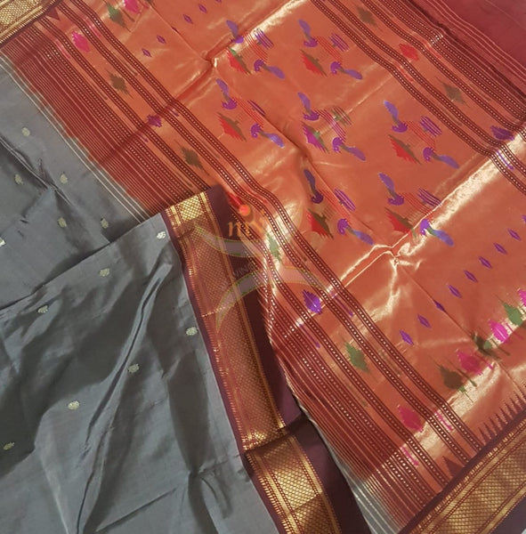 Grey handloom pure silk paithani