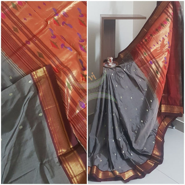 Grey handloom pure silk paithani