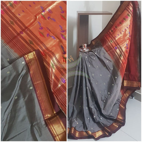 Grey handloom pure silk paithani