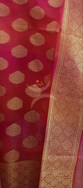 Red chanderi benaras  brocade duppata with all over jacquard weaving.