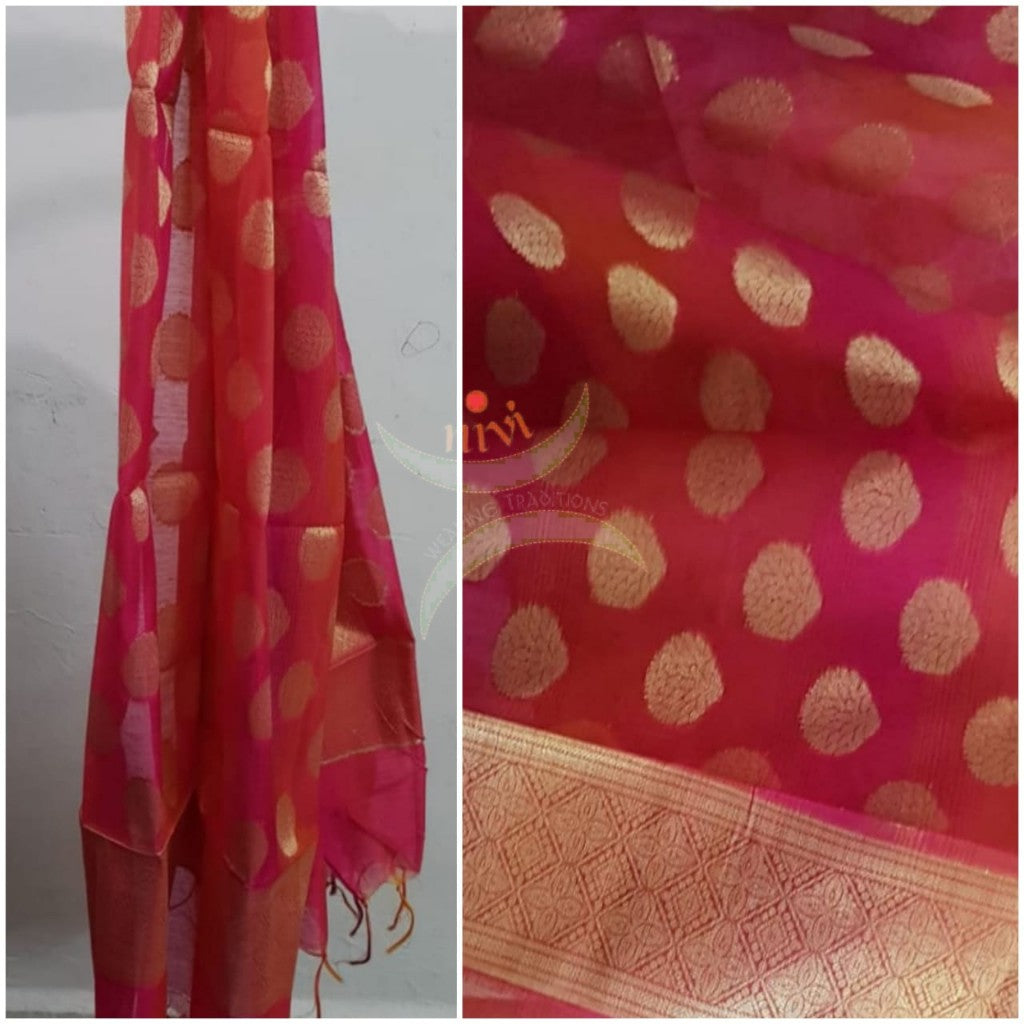 Red chanderi benaras  brocade duppata with all over jacquard weaving.