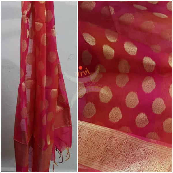 Red chanderi benaras  brocade duppata with all over jacquard weaving.
