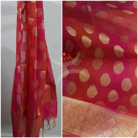 Red chanderi benaras  brocade duppata with all over jacquard weaving.
