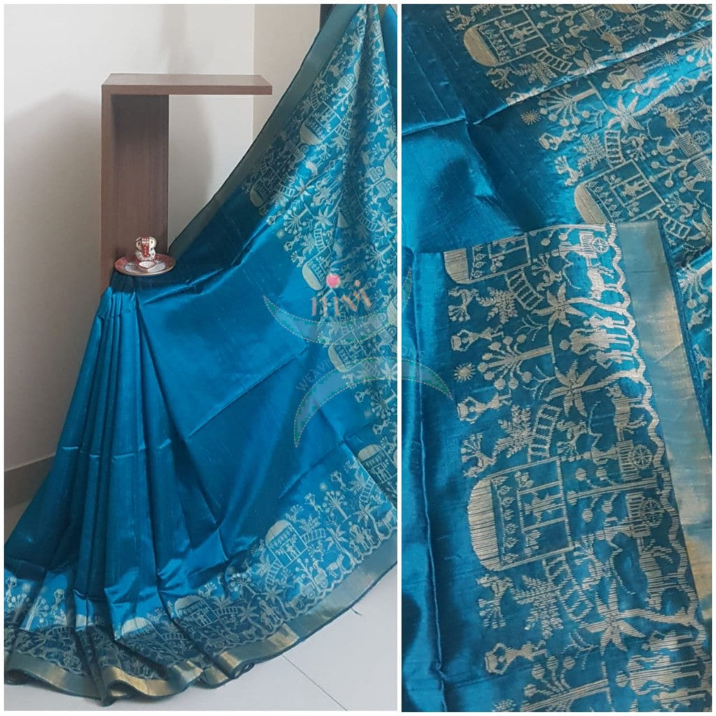 Teal blue handloom raw silk with woven warli motif