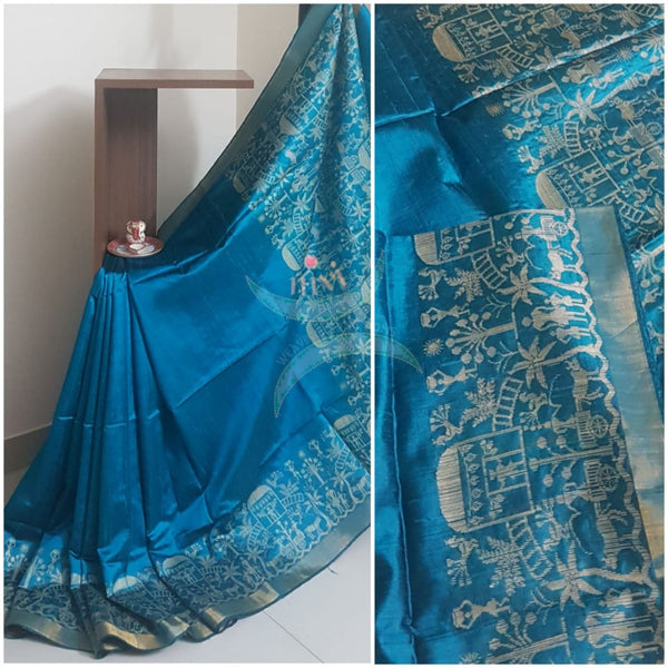 Teal blue handloom raw silk with woven warli motif