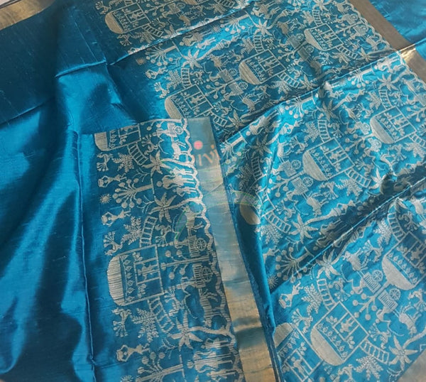 Teal blue handloom raw silk with woven warli motif