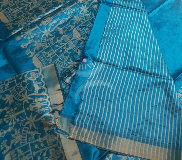 Teal blue handloom raw silk with woven warli motif