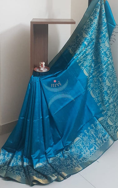 Teal blue handloom raw silk with woven warli motif